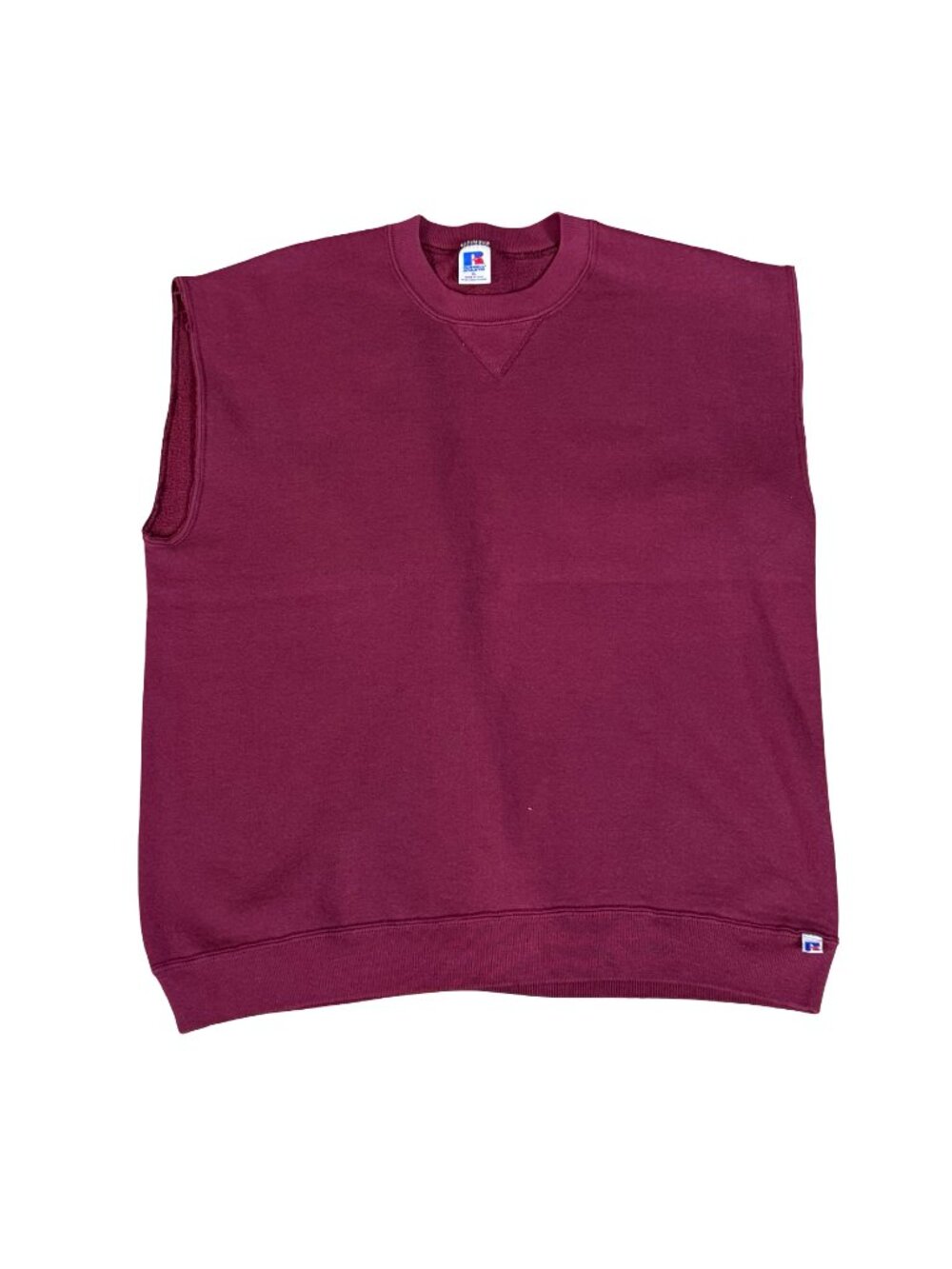 Vintage 1990s Russell Athletic Burgundy Cut Off Sleeve Sweatshirt Made in USA